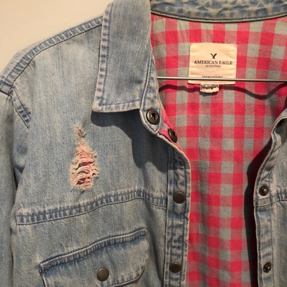 Plaid Lined Denim Boyfriend Shirt - Picture 3 of 7